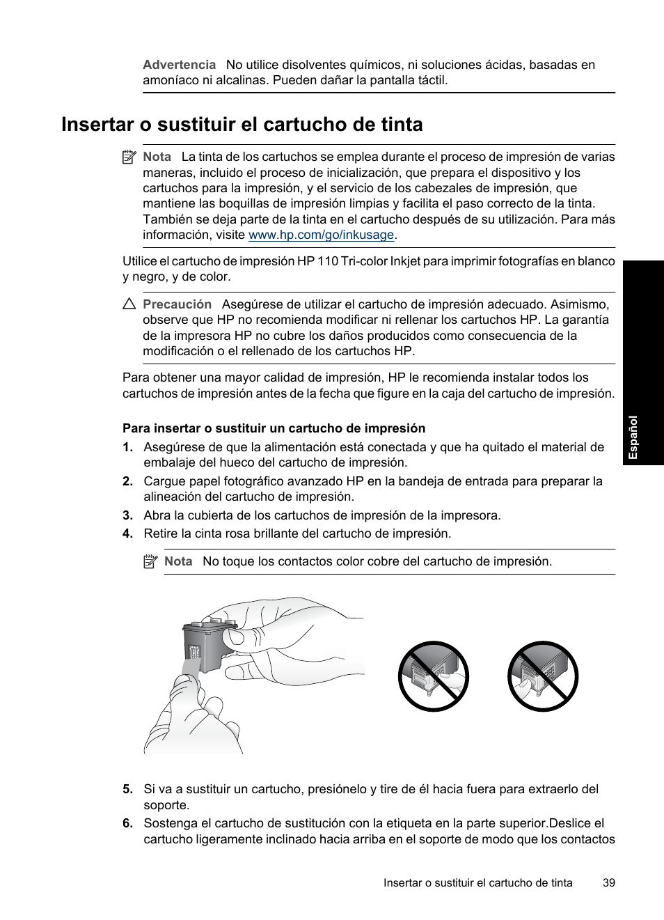 Insertar o sustituir el cartucho de tinta | HP Photosmart A820 series User Manual | Page 39 / 53