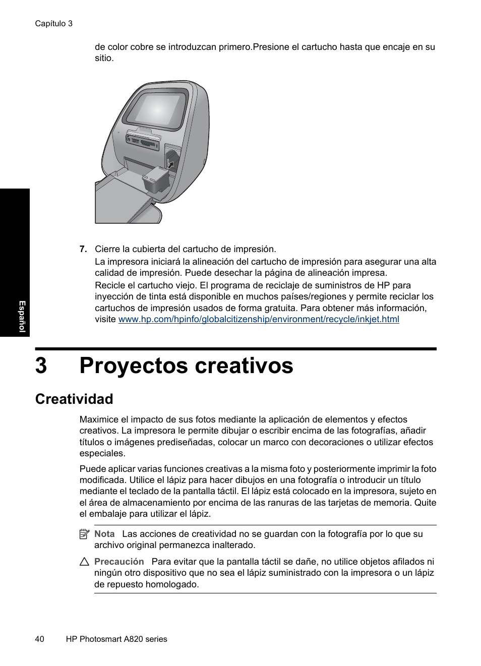 Español: proyectos creativos, Creatividad, 3 proyectos creativos | 3proyectos creativos | HP Photosmart A820 series User Manual | Page 40 / 53