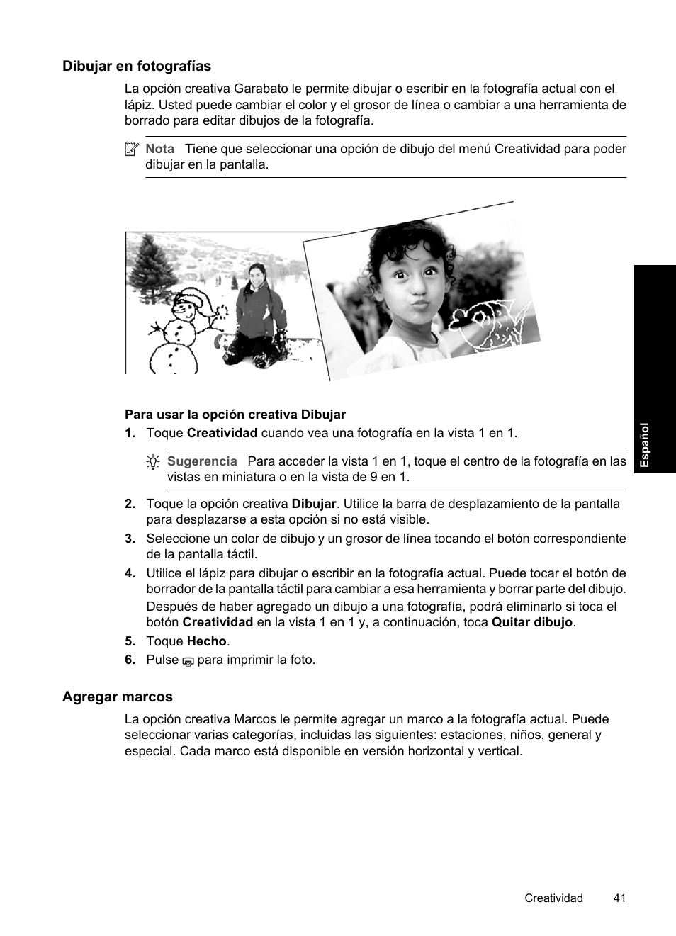 Dibujar en fotografías, Agregar marcos | HP Photosmart A820 series User Manual | Page 41 / 53