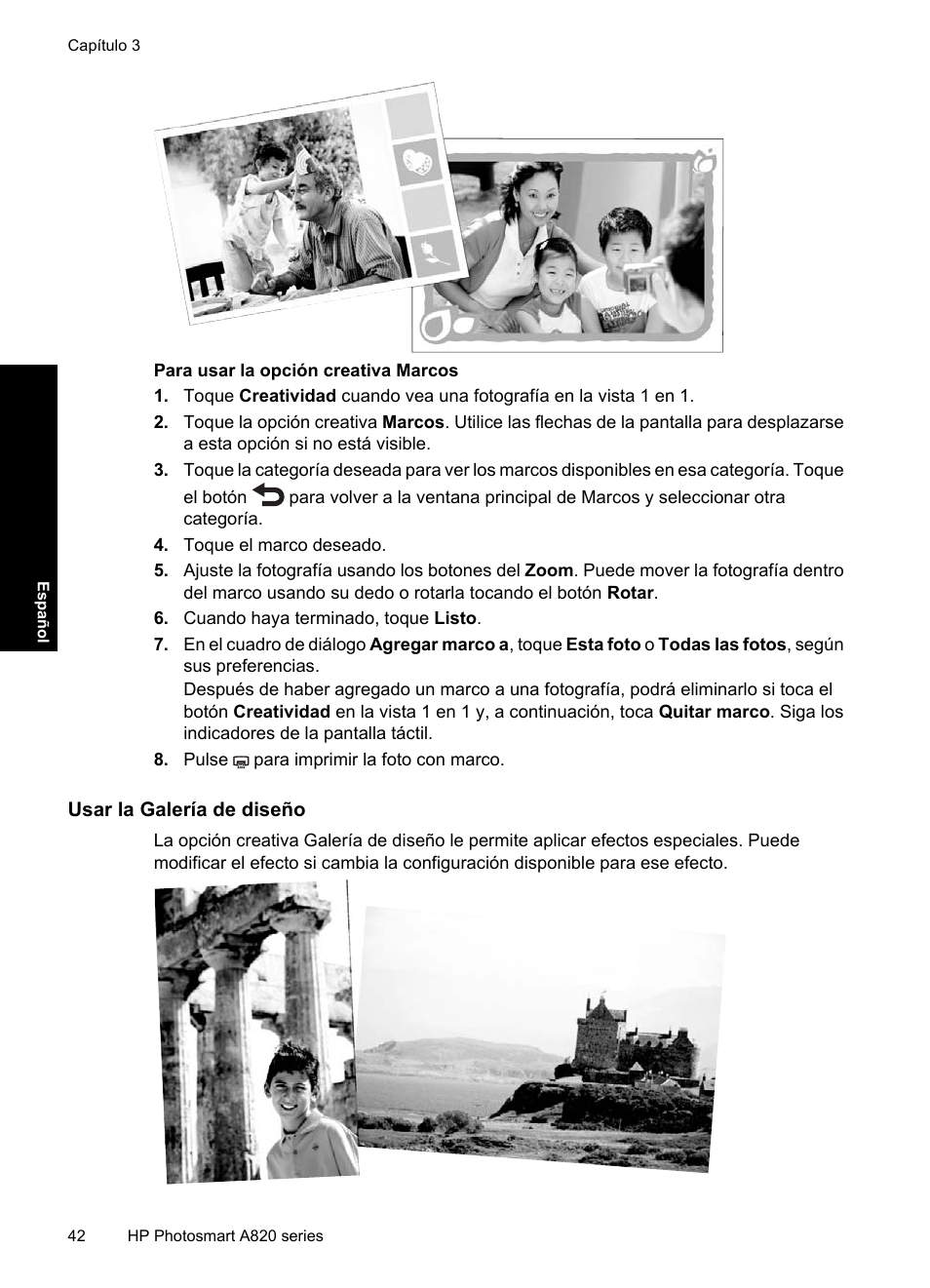 Usar la galería de diseño | HP Photosmart A820 series User Manual | Page 42 / 53
