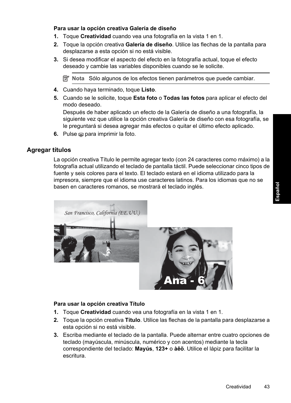 Agregar títulos, Ana - 6 | HP Photosmart A820 series User Manual | Page 43 / 53