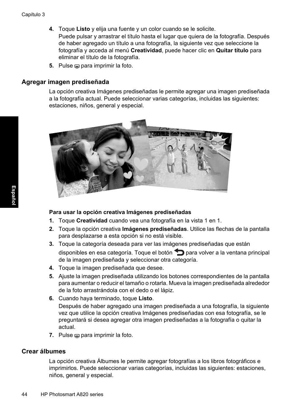 Agregar imagen prediseñada, Crear álbumes | HP Photosmart A820 series User Manual | Page 44 / 53