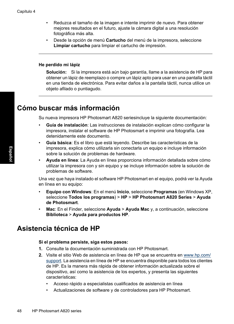 Cómo buscar más información, Asistencia técnica de hp | HP Photosmart A820 series User Manual | Page 48 / 53