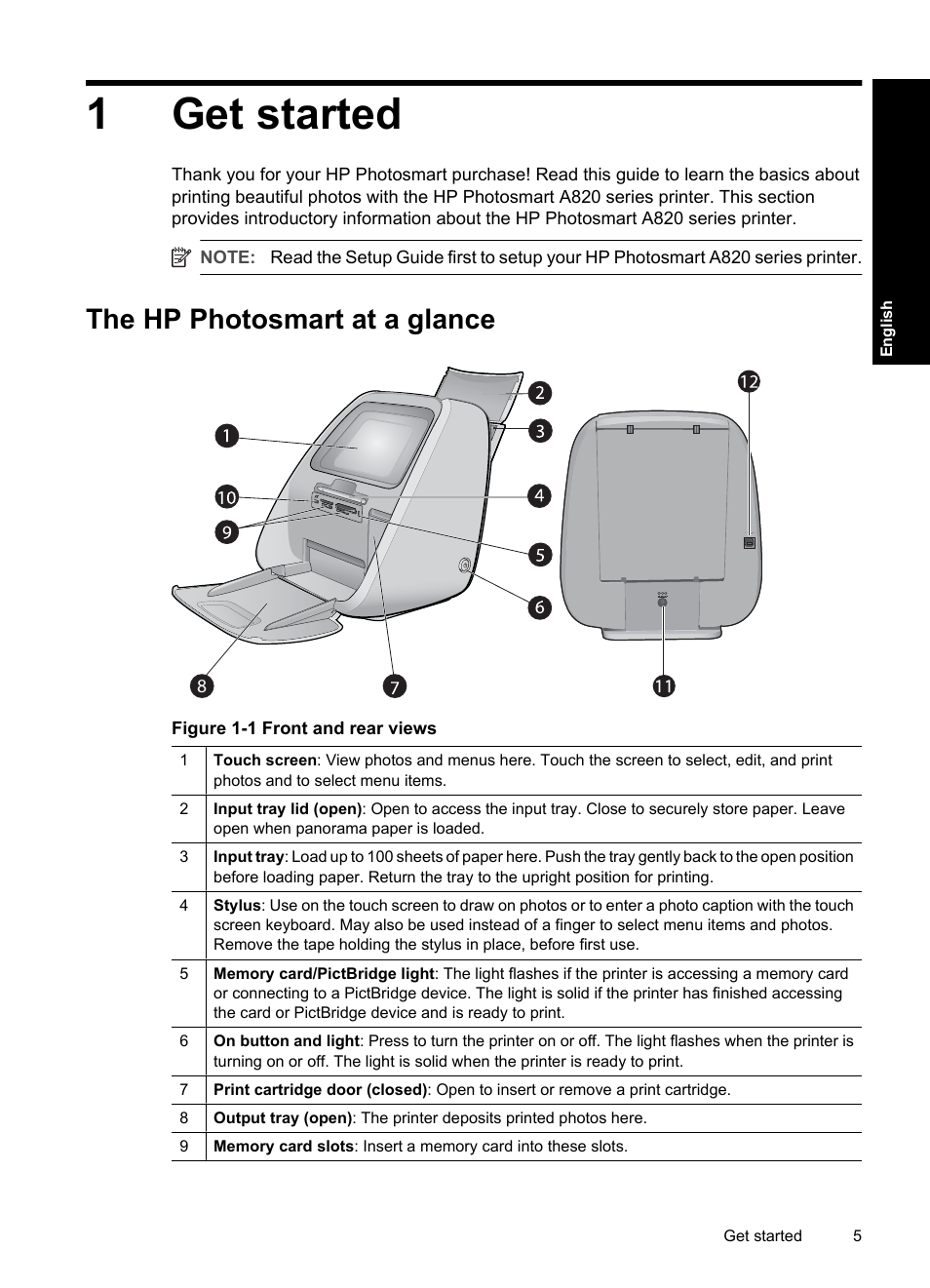English: get started, The hp photosmart at a glance, 1 get started | 1get started | HP Photosmart A820 series User Manual | Page 5 / 53
