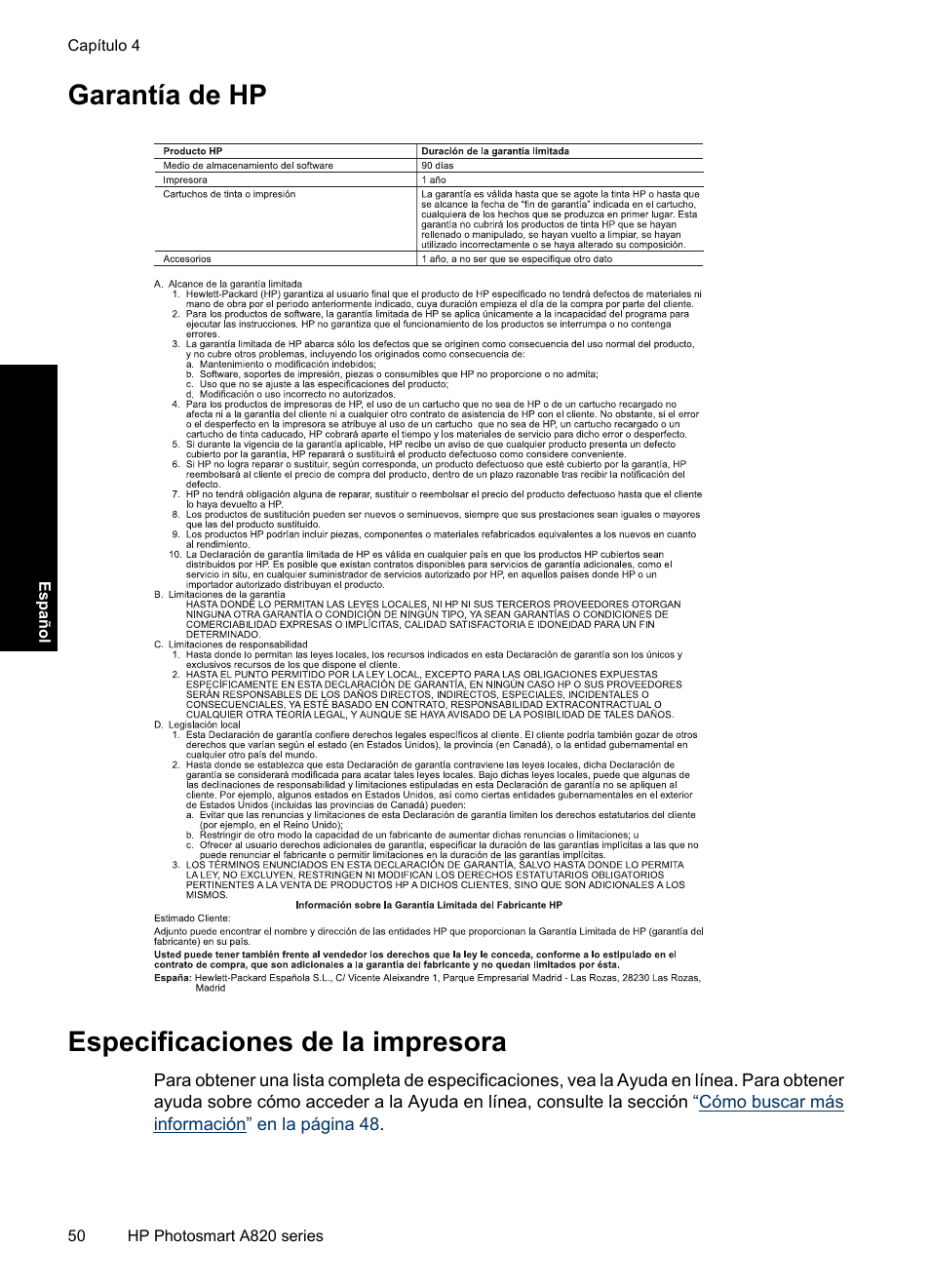 Garantía de hp, Especificaciones de la impresora, Garantía de hp especificaciones de la impresora | HP Photosmart A820 series User Manual | Page 50 / 53