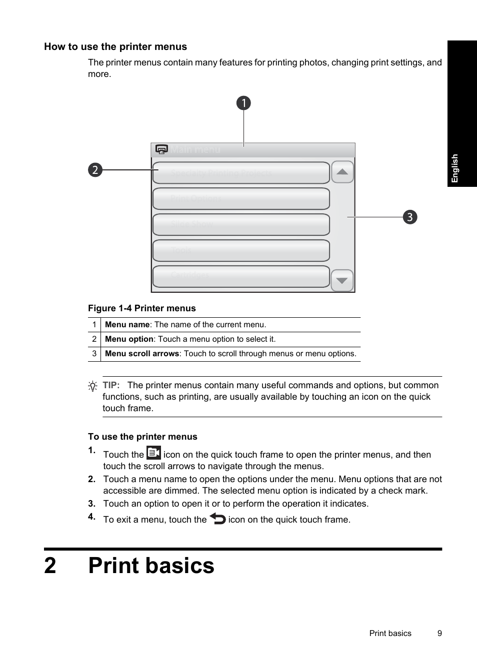 How to use the printer menus, English: print basics, 2 print basics | 2print basics | HP Photosmart A820 series User Manual | Page 9 / 53