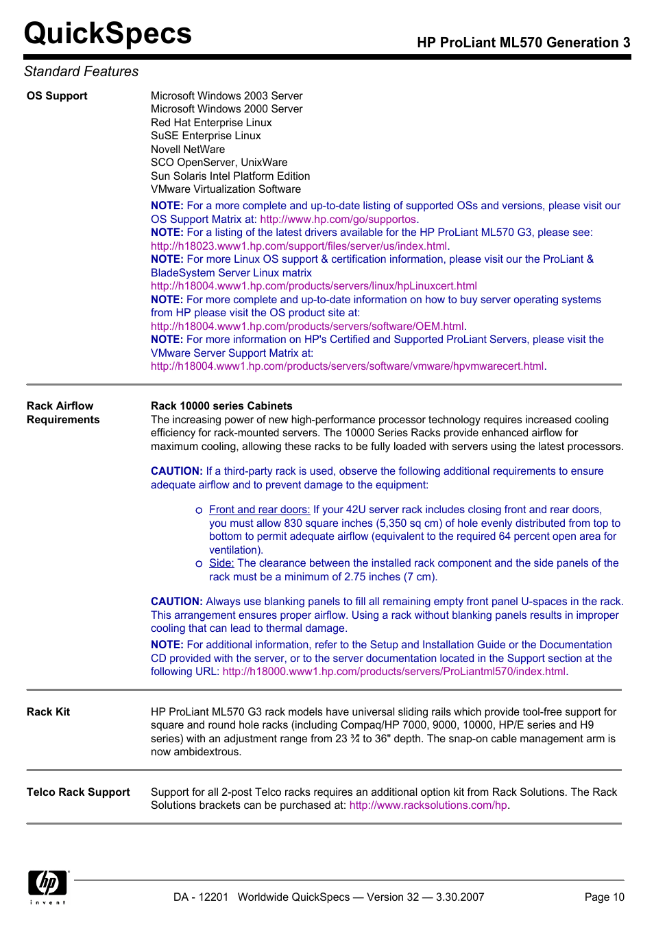 Quickspecs, Hp proliant ml570 generation 3 standard features | HP ML570 User Manual | Page 10 / 52