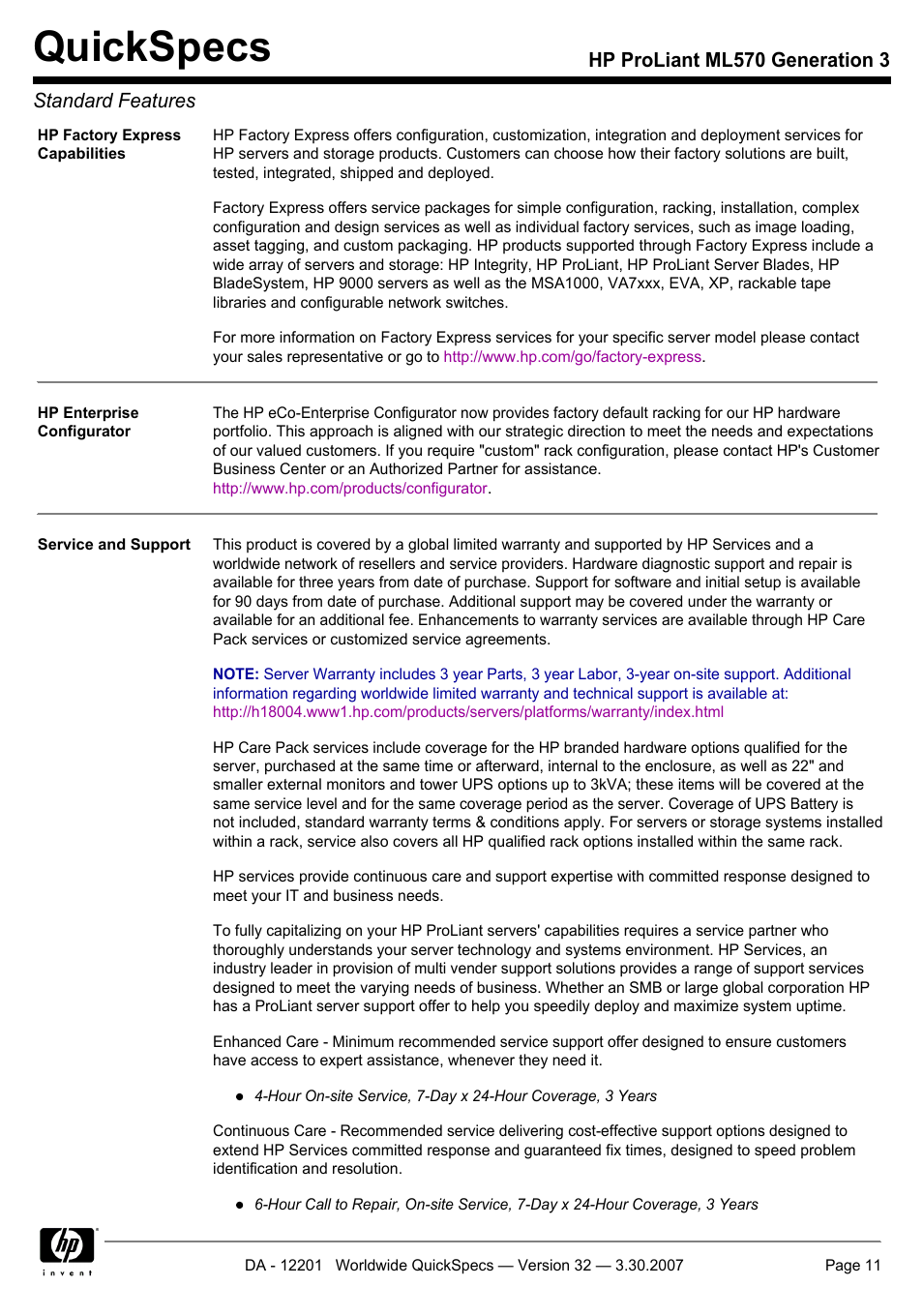 Quickspecs, Hp proliant ml570 generation 3 standard features | HP ML570 User Manual | Page 11 / 52