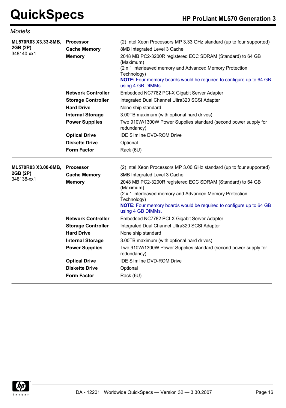 Quickspecs, Hp proliant ml570 generation 3 models | HP ML570 User Manual | Page 16 / 52