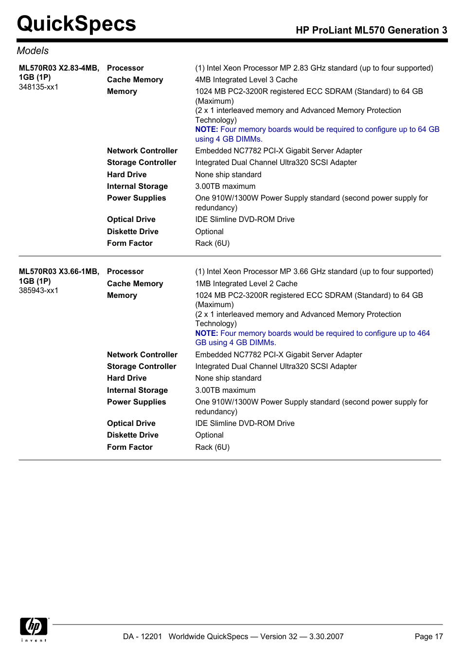 Quickspecs, Hp proliant ml570 generation 3 models | HP ML570 User Manual | Page 17 / 52