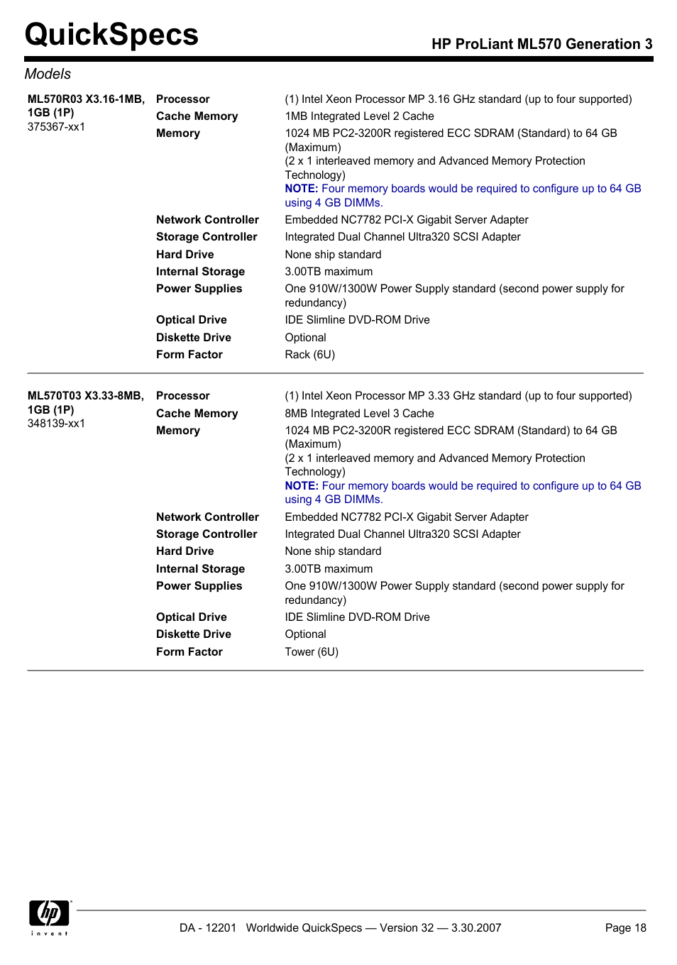Quickspecs, Hp proliant ml570 generation 3 models | HP ML570 User Manual | Page 18 / 52