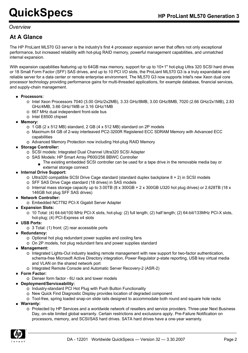 Quickspecs, At a glance, Hp proliant ml570 generation 3 overview | HP ML570 User Manual | Page 2 / 52