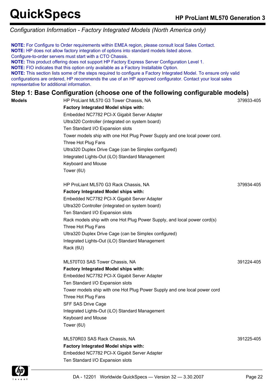 Quickspecs | HP ML570 User Manual | Page 22 / 52