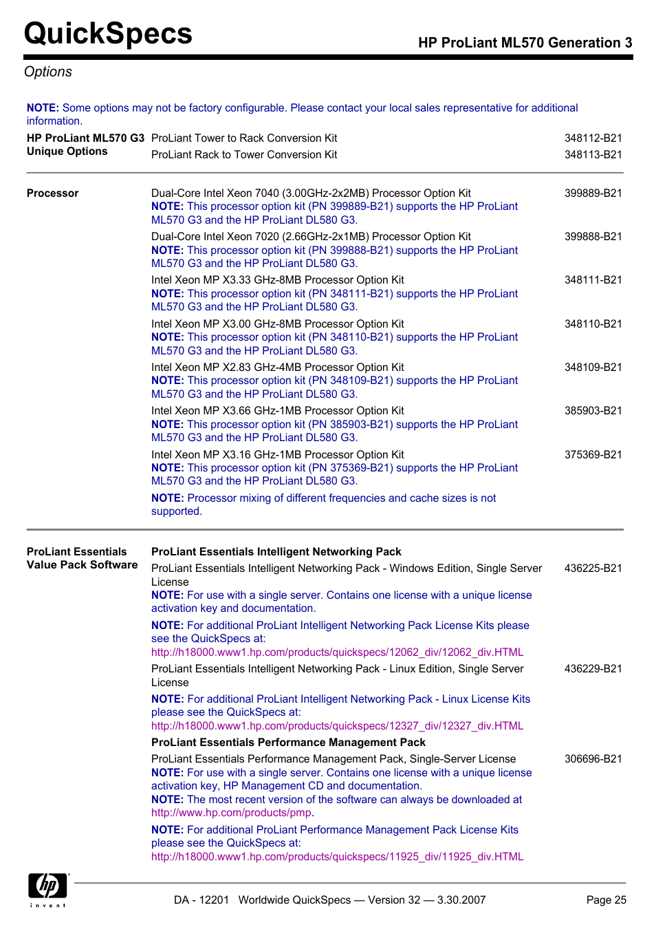 Options, Quickspecs, Hp proliant ml570 generation 3 options | HP ML570 User Manual | Page 25 / 52