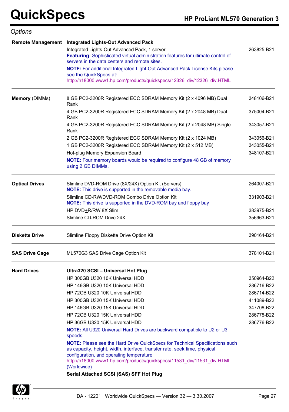 Quickspecs, Hp proliant ml570 generation 3 options | HP ML570 User Manual | Page 27 / 52