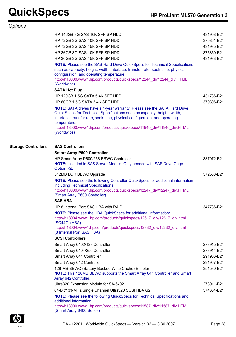 Quickspecs, Hp proliant ml570 generation 3 options | HP ML570 User Manual | Page 28 / 52