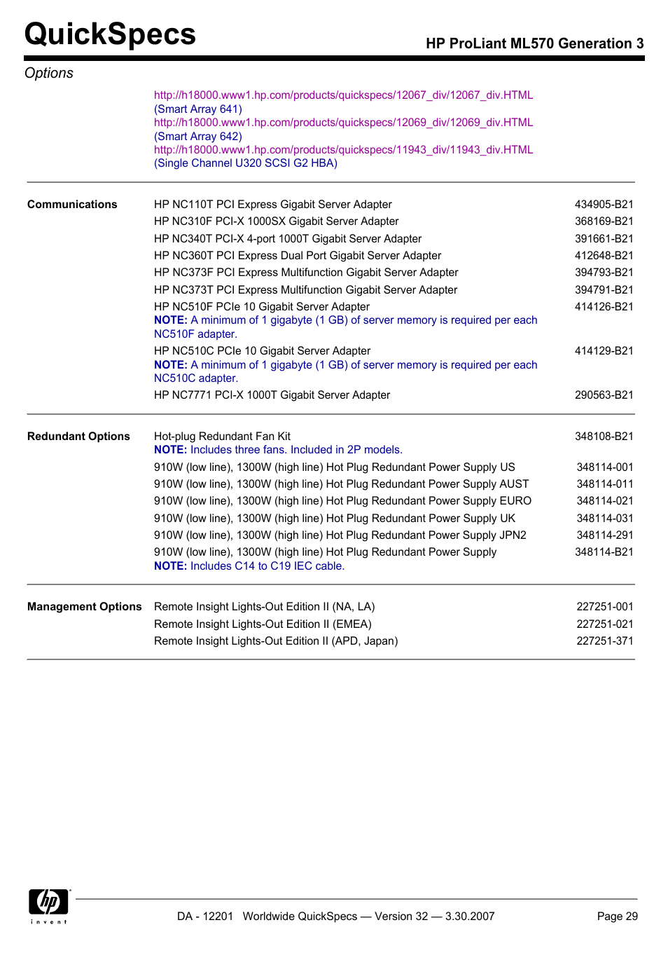 Quickspecs, Hp proliant ml570 generation 3 options | HP ML570 User Manual | Page 29 / 52