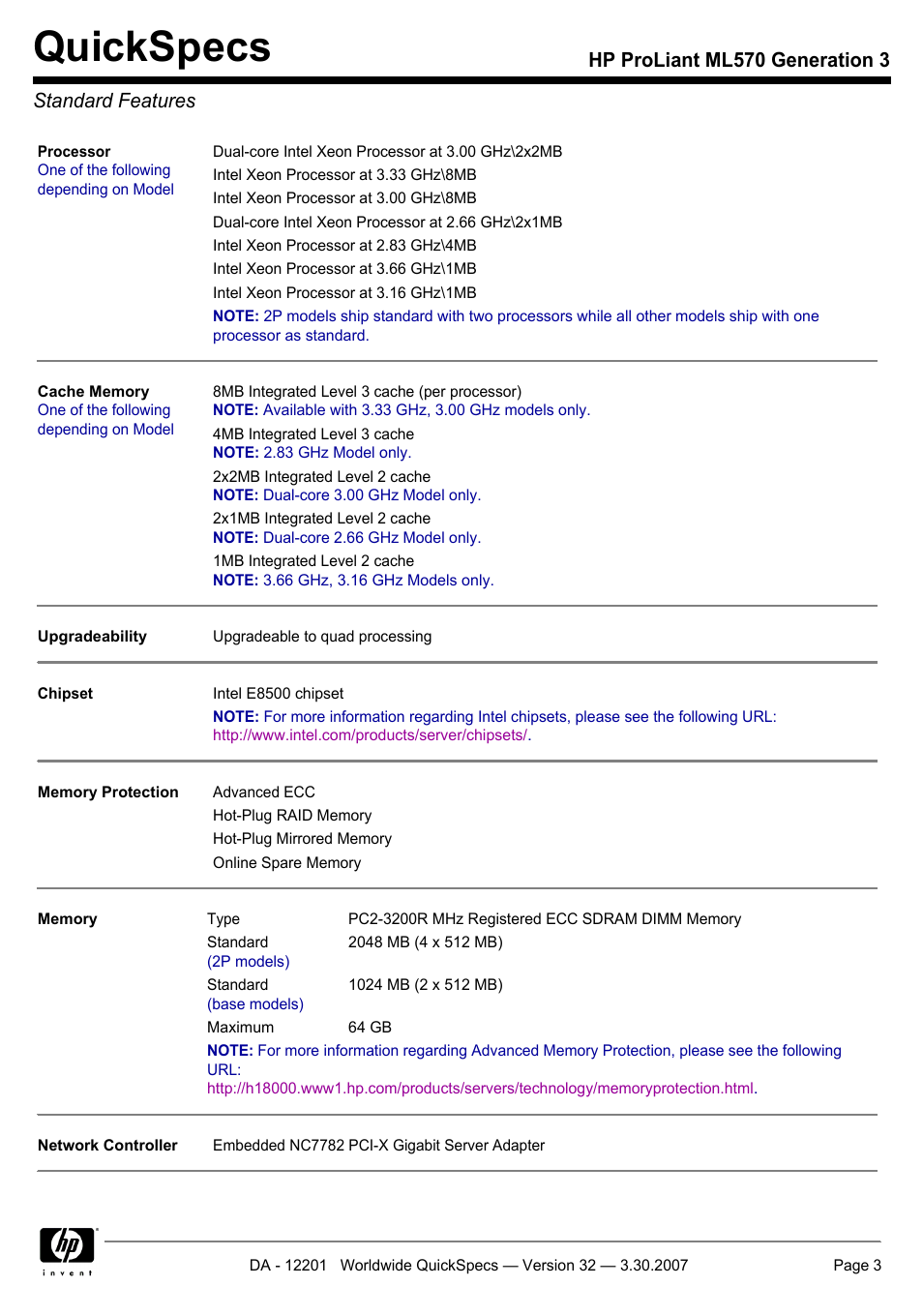 Standard features, Quickspecs, Hp proliant ml570 generation 3 standard features | HP ML570 User Manual | Page 3 / 52
