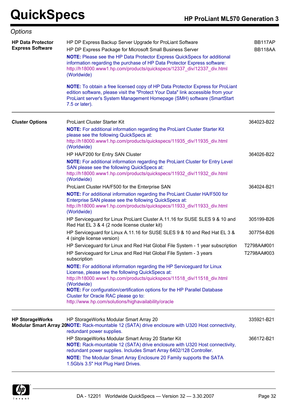 Quickspecs, Hp proliant ml570 generation 3 options | HP ML570 User Manual | Page 32 / 52