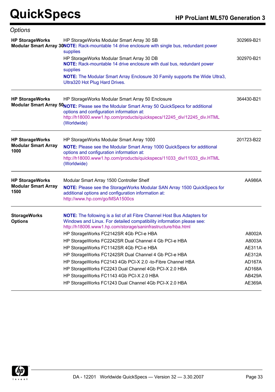 Quickspecs, Hp proliant ml570 generation 3 options | HP ML570 User Manual | Page 33 / 52