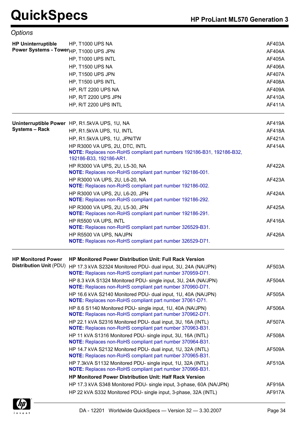 Quickspecs, Hp proliant ml570 generation 3 options | HP ML570 User Manual | Page 34 / 52