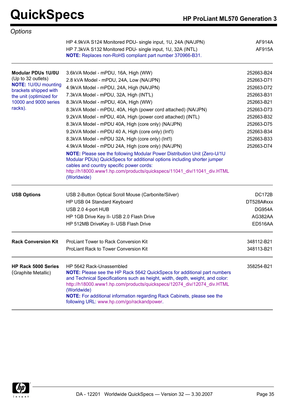 Quickspecs, Hp proliant ml570 generation 3 options | HP ML570 User Manual | Page 35 / 52