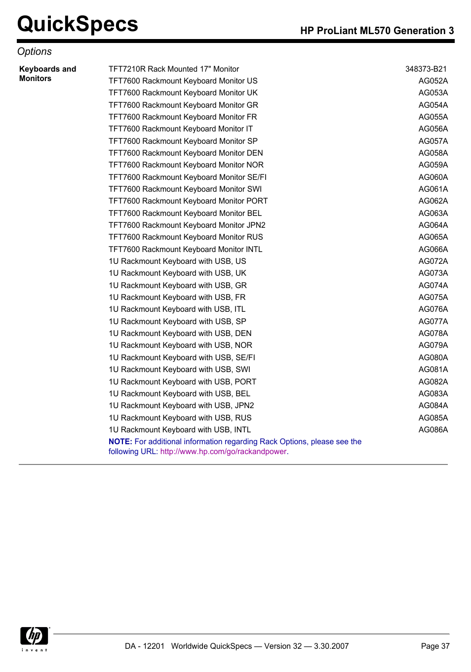 Quickspecs, Hp proliant ml570 generation 3 options | HP ML570 User Manual | Page 37 / 52