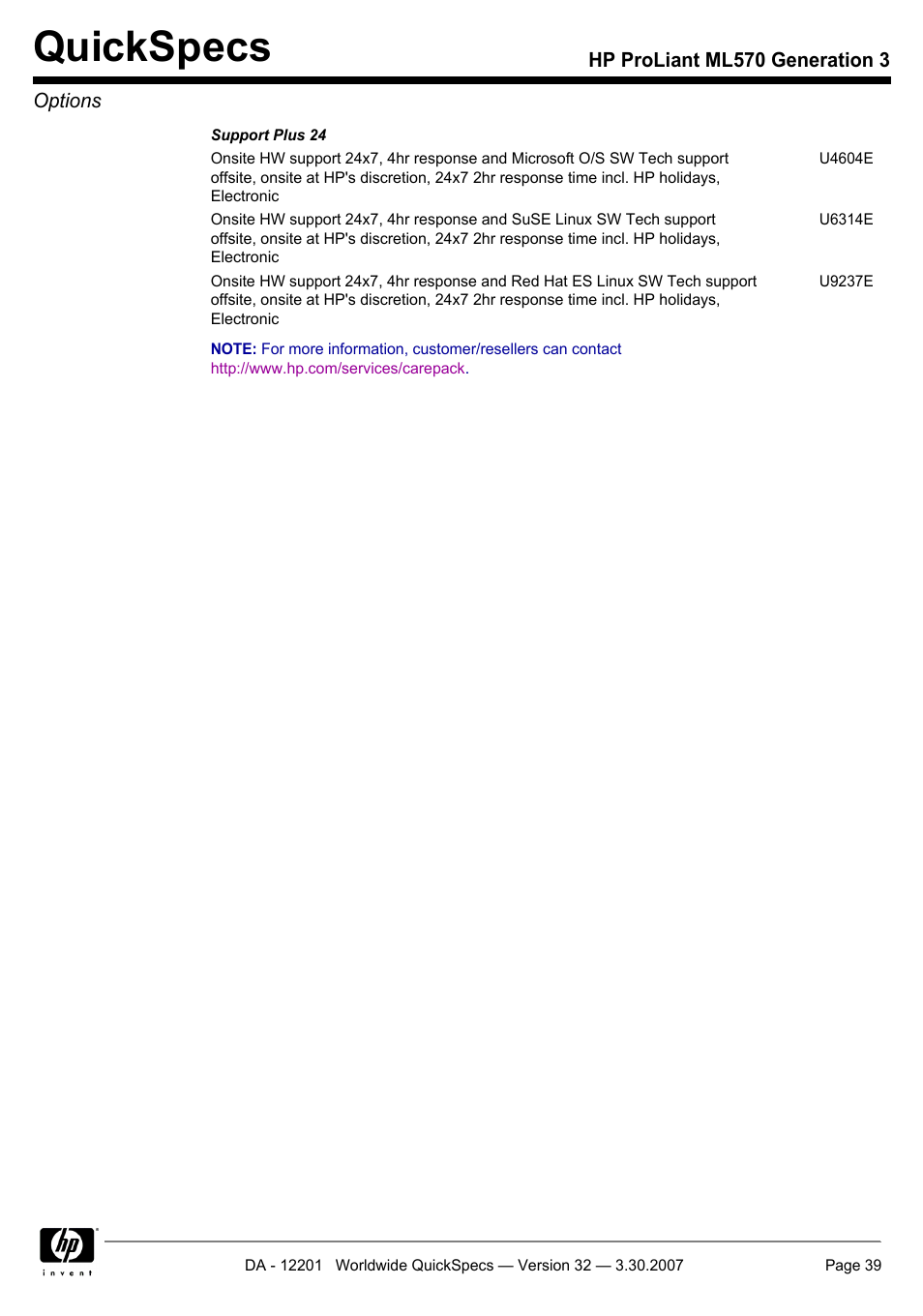 Quickspecs | HP ML570 User Manual | Page 39 / 52