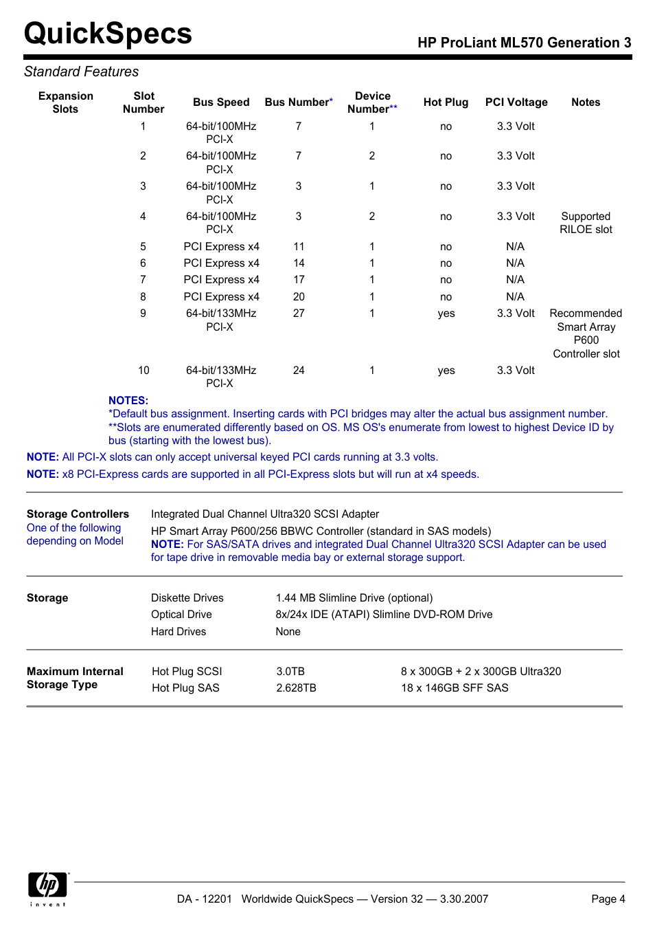 Quickspecs, Hp proliant ml570 generation 3 standard features | HP ML570 User Manual | Page 4 / 52