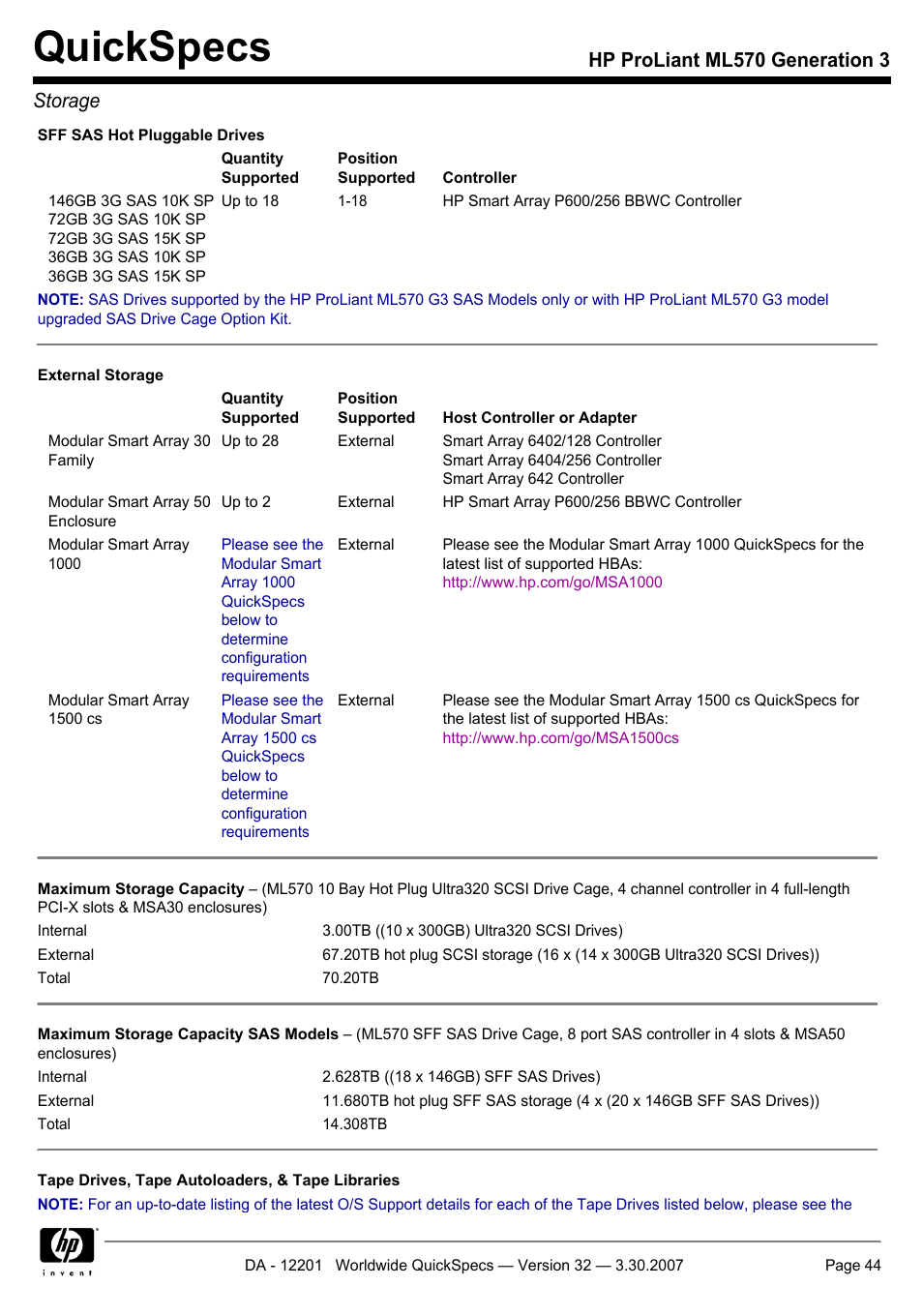 Quickspecs, Hp proliant ml570 generation 3 storage | HP ML570 User Manual | Page 44 / 52