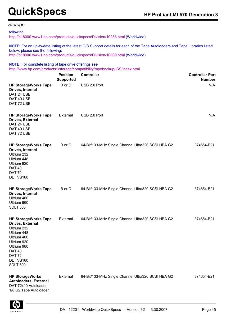 Quickspecs, Hp proliant ml570 generation 3 storage | HP ML570 User Manual | Page 45 / 52