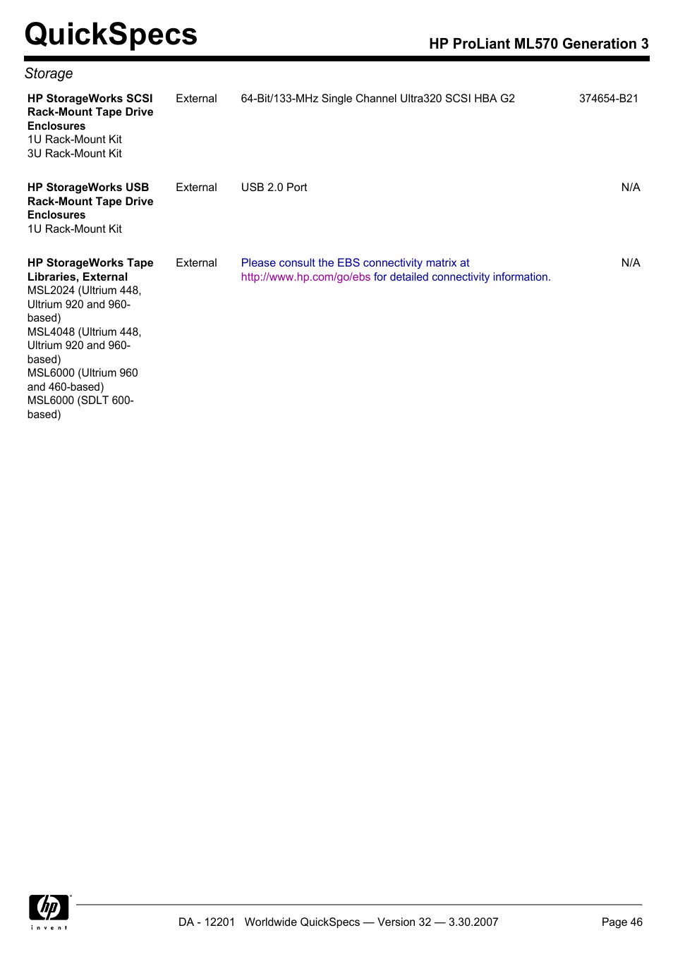 Quickspecs | HP ML570 User Manual | Page 46 / 52