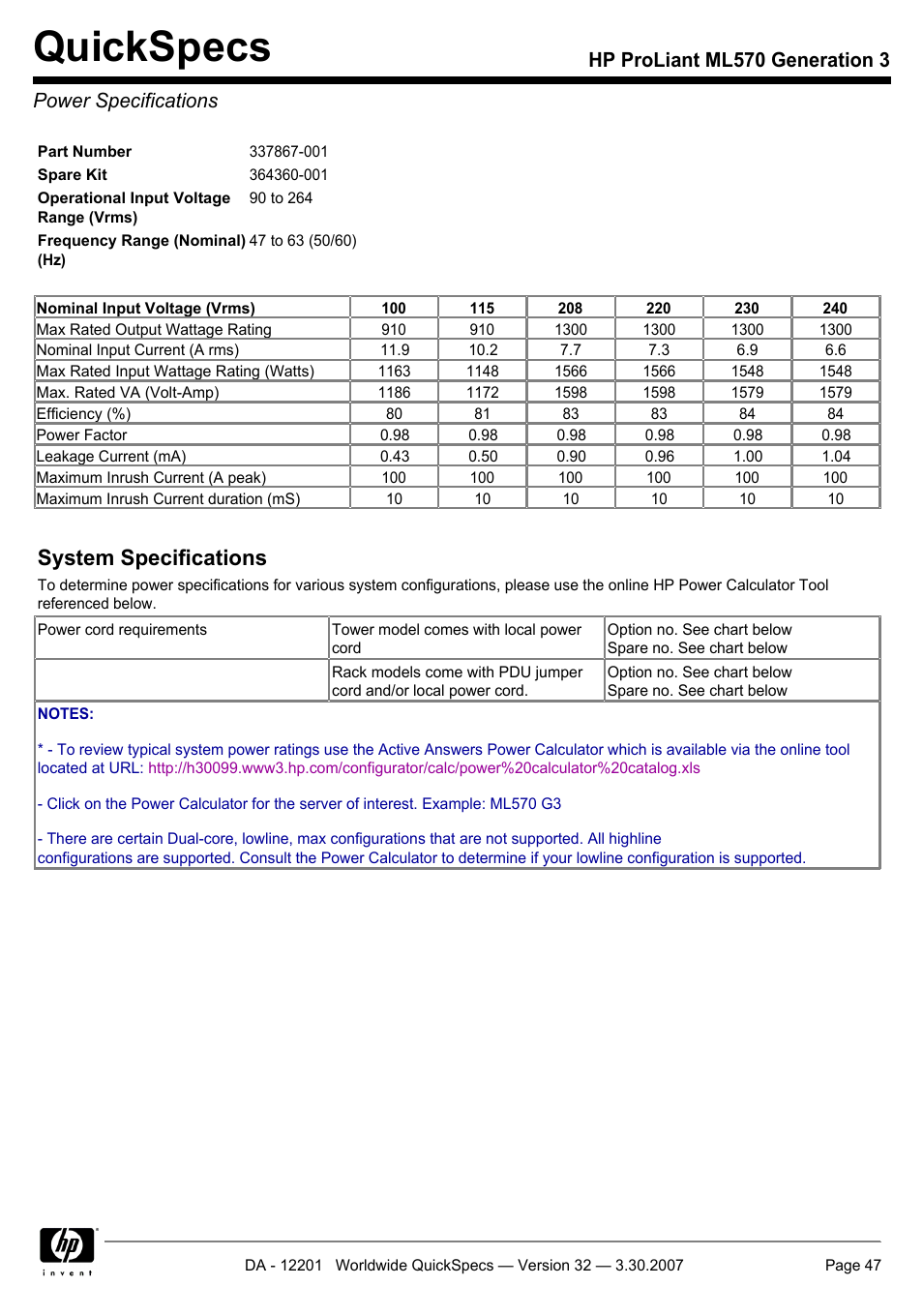 Power specifications, Quickspecs, System specifications | HP ML570 User Manual | Page 47 / 52