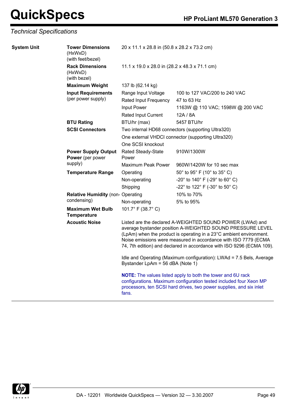 Technical specifications, Quickspecs | HP ML570 User Manual | Page 49 / 52
