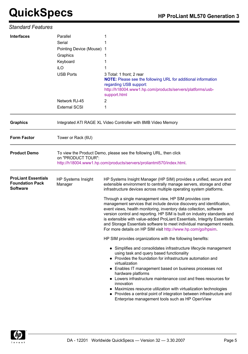 Quickspecs, Hp proliant ml570 generation 3 standard features | HP ML570 User Manual | Page 5 / 52