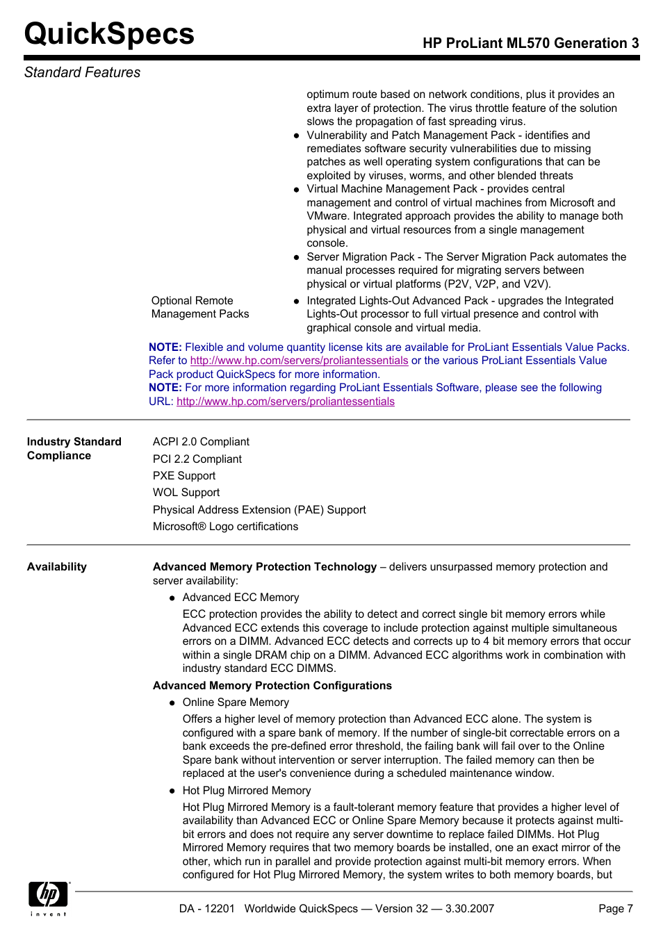 Quickspecs, Hp proliant ml570 generation 3 standard features | HP ML570 User Manual | Page 7 / 52