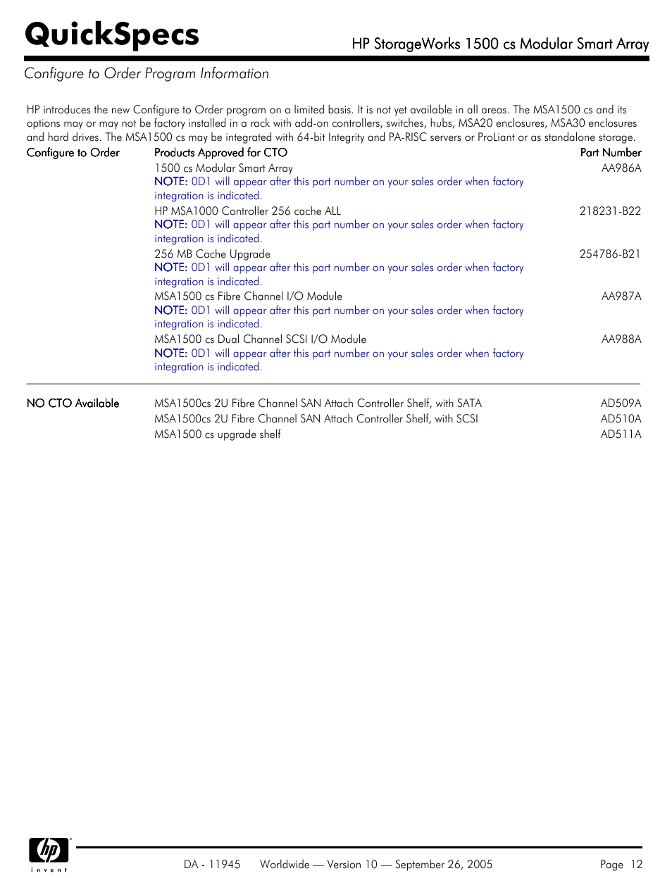 Configure to order program information, Quickspecs, Hp storageworks 1500 cs modular smart array | HP 1500 cs User Manual | Page 12 / 26