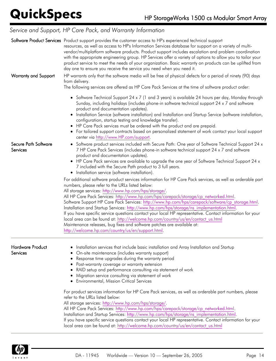 Quickspecs, Hp storageworks 1500 cs modular smart array | HP 1500 cs User Manual | Page 14 / 26