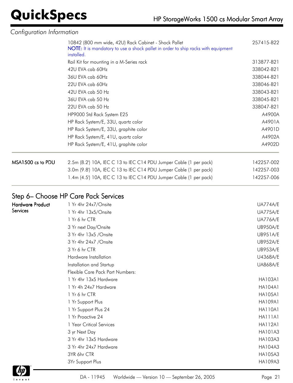 Quickspecs, Step 6– choose hp care pack services, Hp storageworks 1500 cs modular smart array | HP 1500 cs User Manual | Page 21 / 26