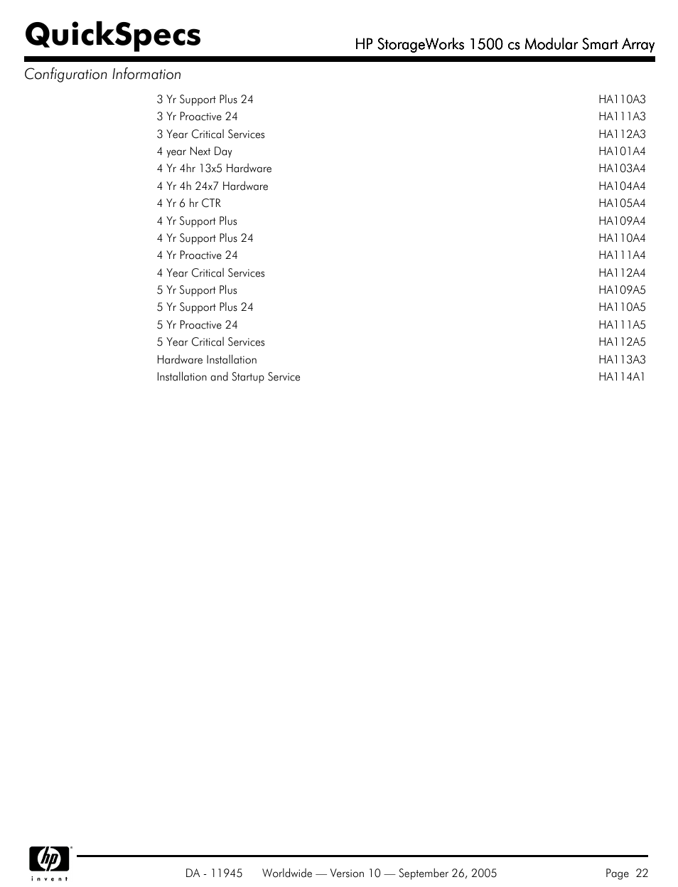 Quickspecs, Hp storageworks 1500 cs modular smart array | HP 1500 cs User Manual | Page 22 / 26