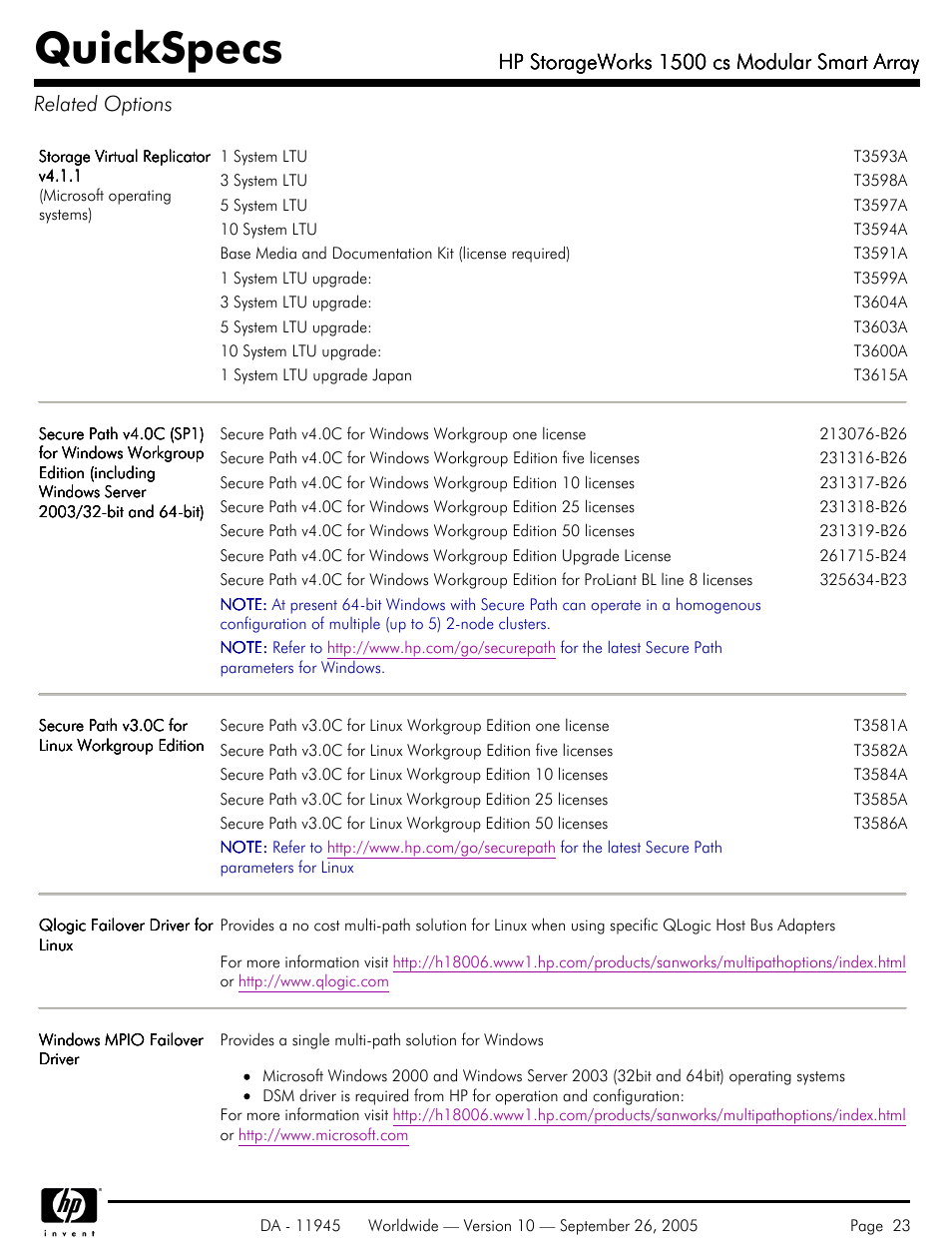 Related options, Quickspecs, Hp storageworks 1500 cs modular smart array | HP 1500 cs User Manual | Page 23 / 26