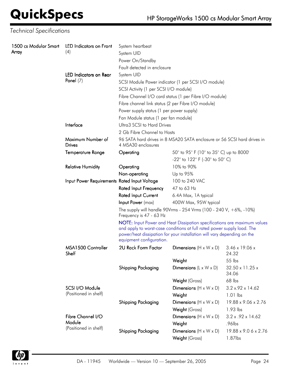 Technical specifications, Quickspecs, Hp storageworks 1500 cs modular smart array | HP 1500 cs User Manual | Page 24 / 26