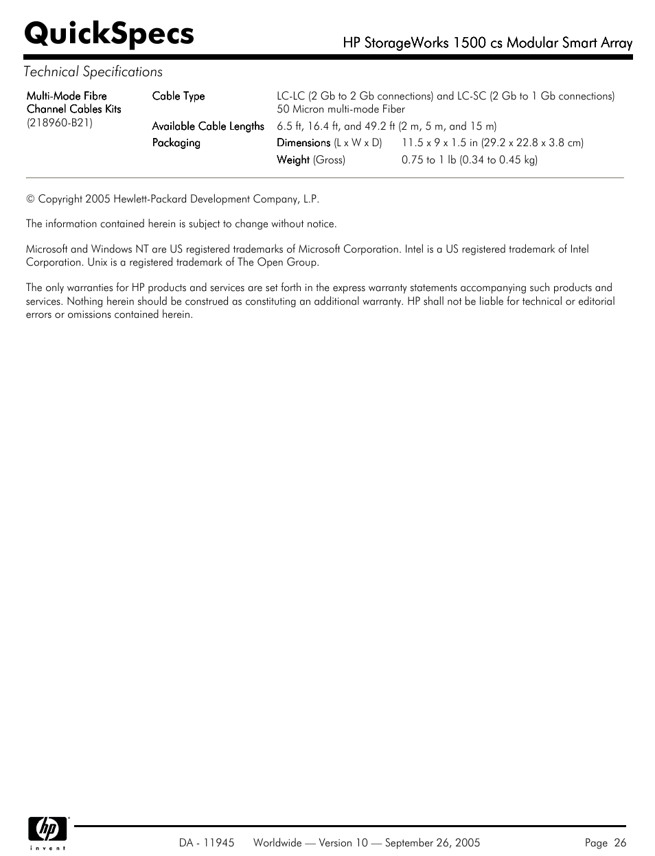 Quickspecs, Hp storageworks 1500 cs modular smart array | HP 1500 cs User Manual | Page 26 / 26