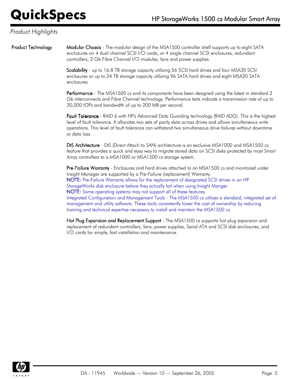 Product highlights, Quickspecs, Hp storageworks 1500 cs modular smart array | HP 1500 cs User Manual | Page 5 / 26