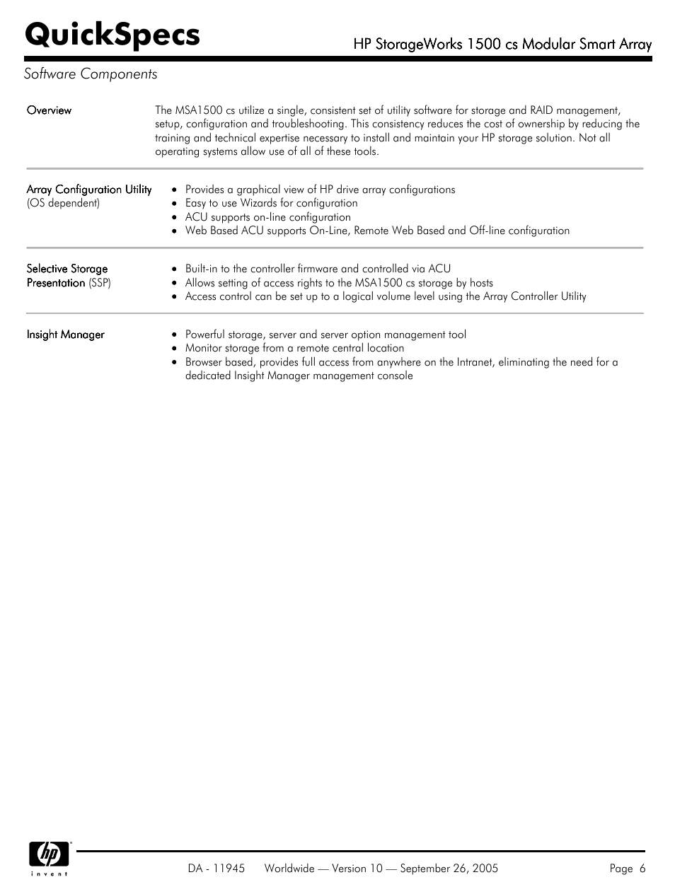 Software components, Quickspecs | HP 1500 cs User Manual | Page 6 / 26