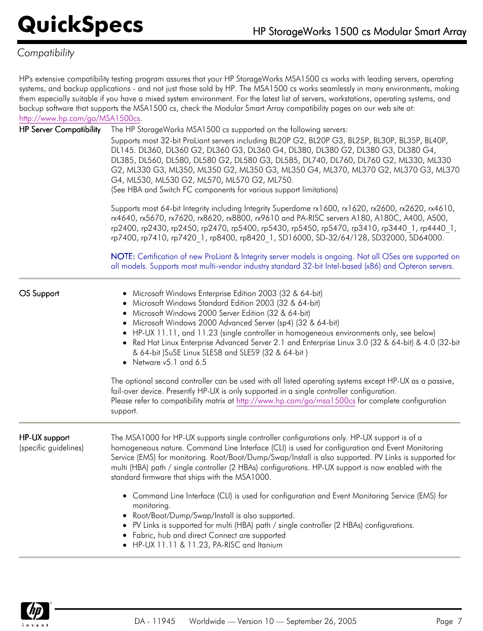 Compatibility, Quickspecs, Hp storageworks 1500 cs modular smart array | HP 1500 cs User Manual | Page 7 / 26