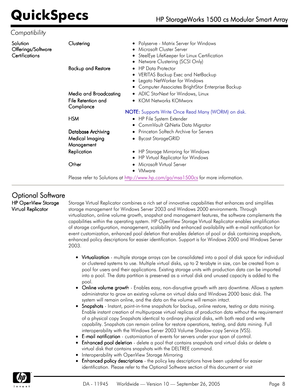 Quickspecs, Optional software, Hp storageworks 1500 cs modular smart array | HP 1500 cs User Manual | Page 8 / 26