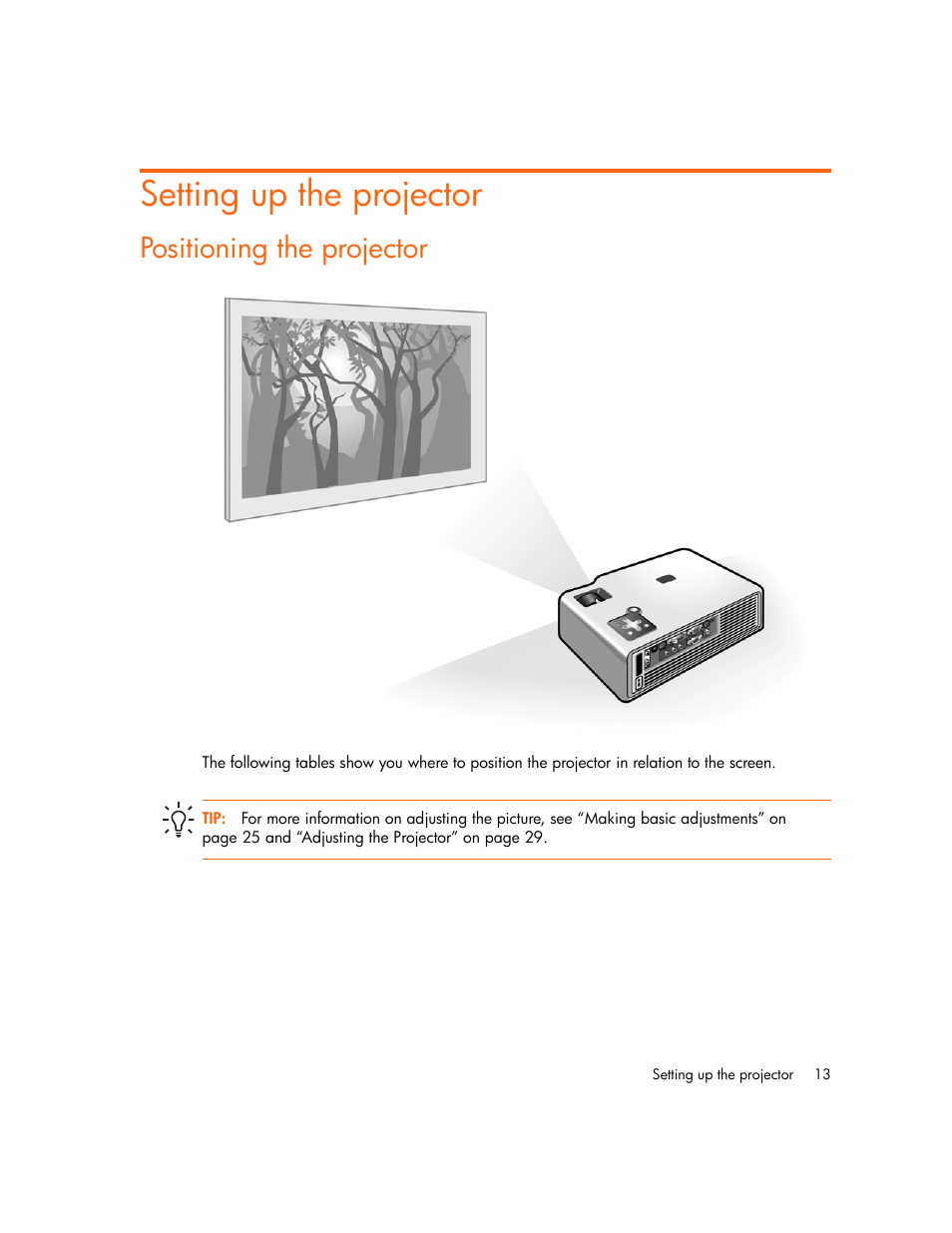 Setting up the projector, Positioning the projector | HP xp7010/xp7030 User Manual | Page 13 / 72