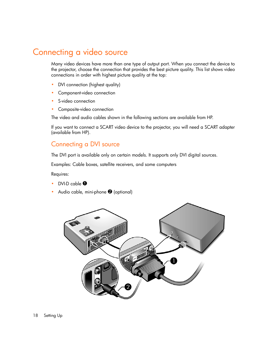 Connecting a video source, Connecting a dvi source | HP xp7010/xp7030 User Manual | Page 18 / 72