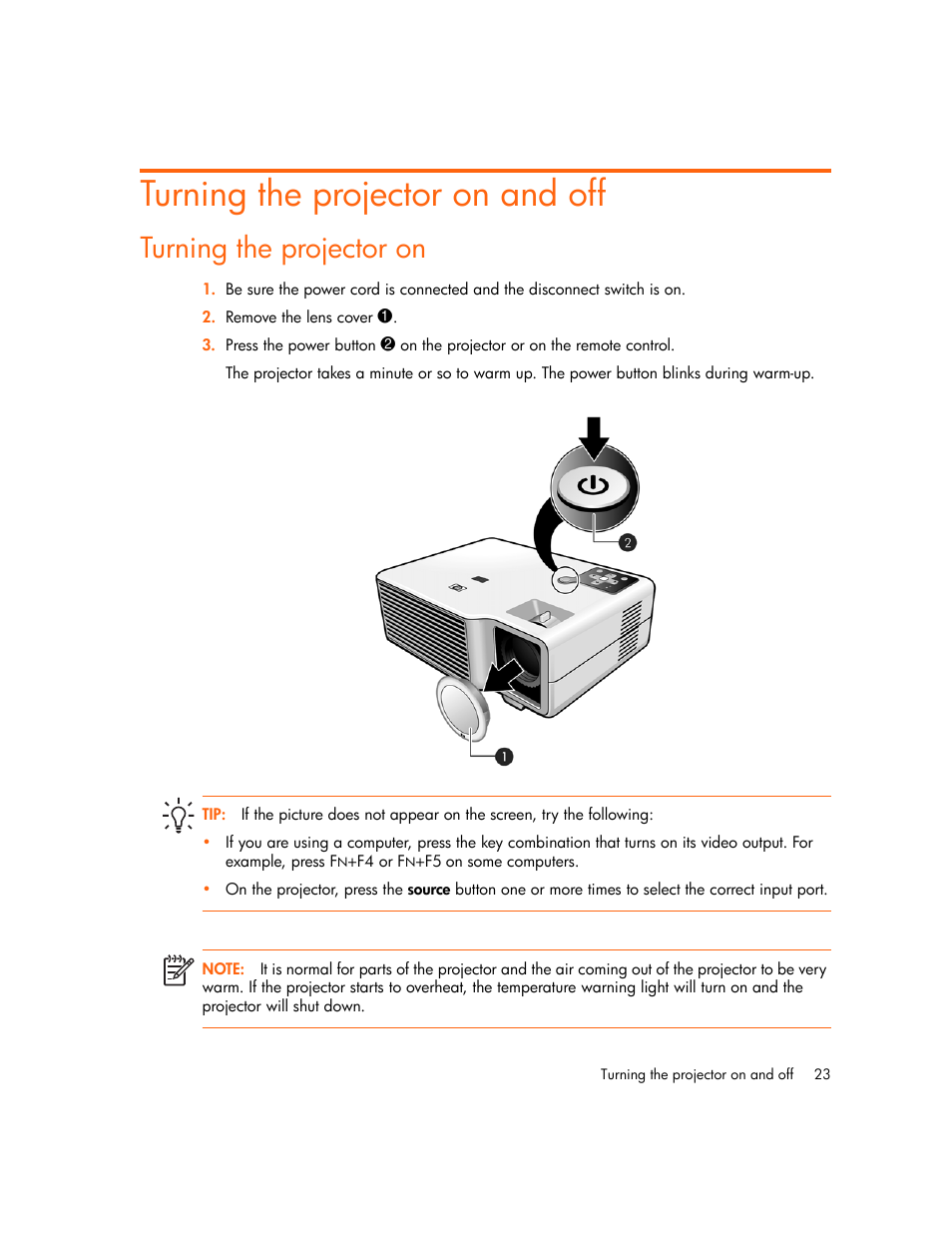 Turning the projector on and off, Turning the projector on | HP xp7010/xp7030 User Manual | Page 23 / 72